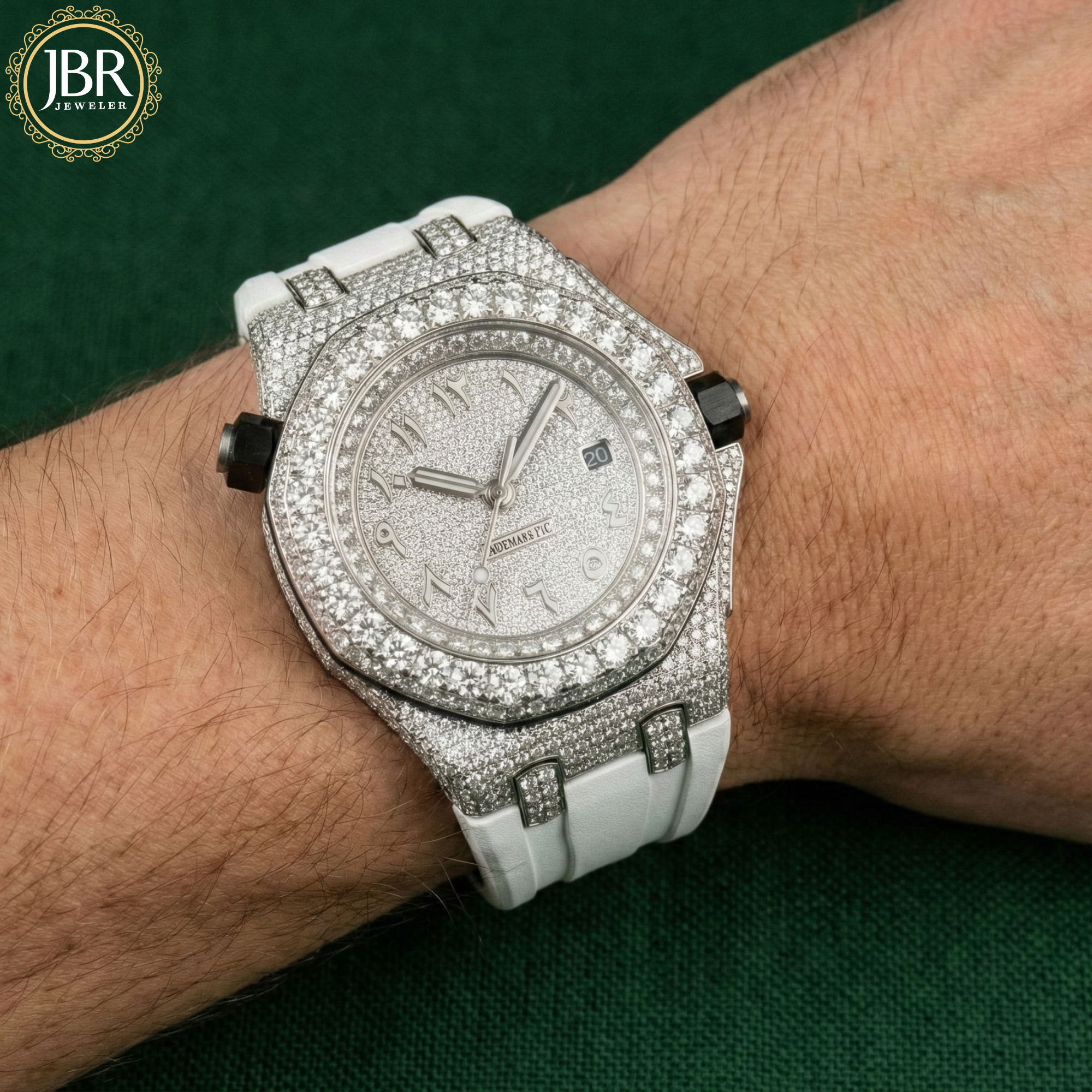 Statement men's wrist watch with moissanite covered dial Luxury iced dial men's watch with white silicon strap