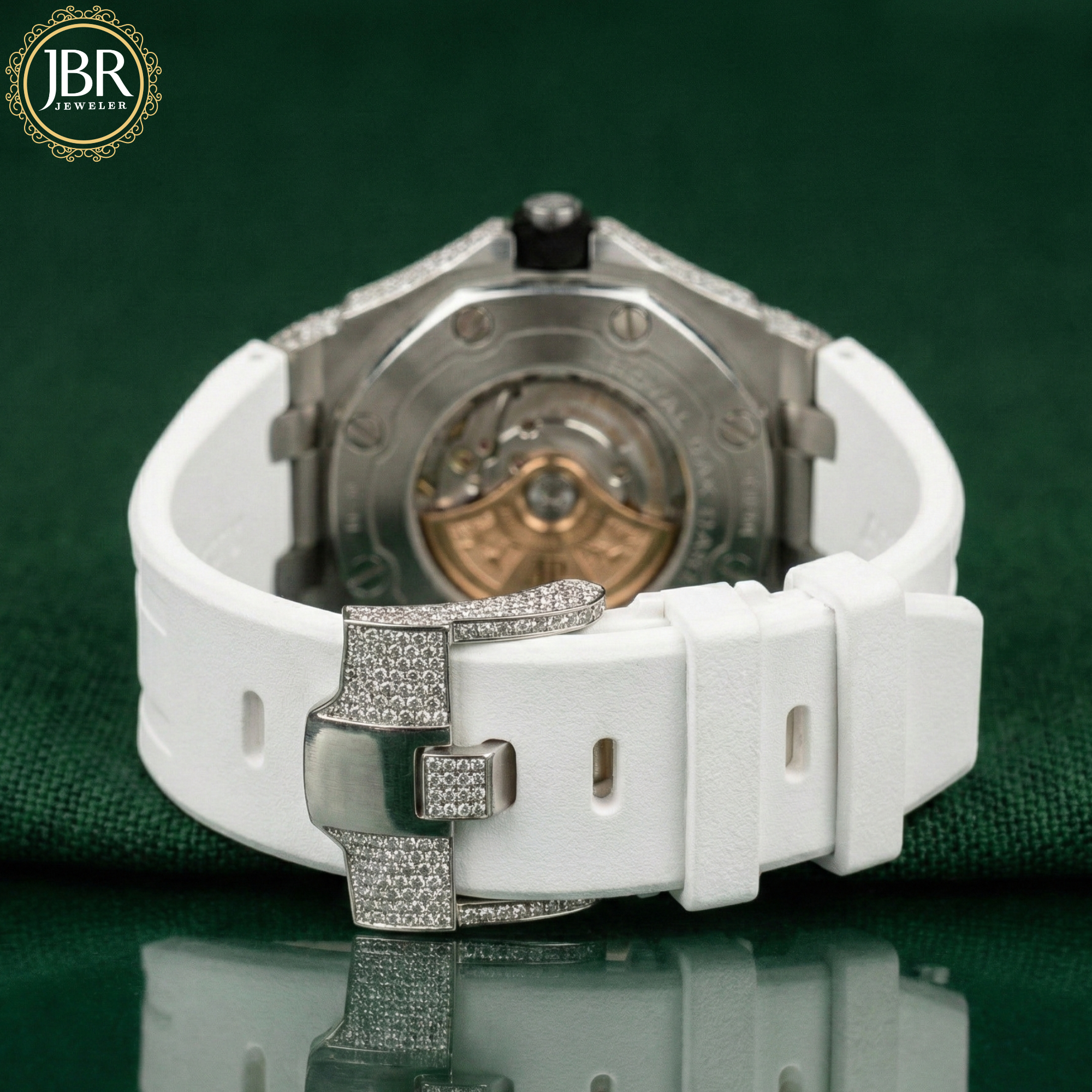 Designer men's wrist watch with fully moissanite face and white silicon band