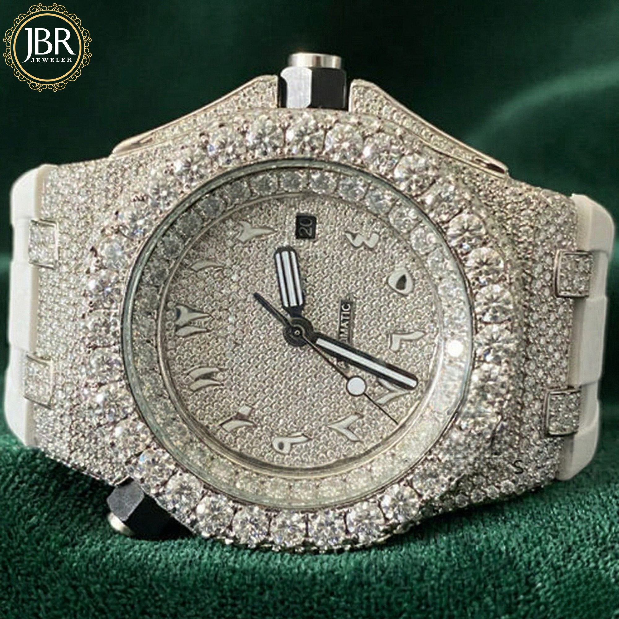 Luxury men's watch with fully moissanite studded dial and white silicon band