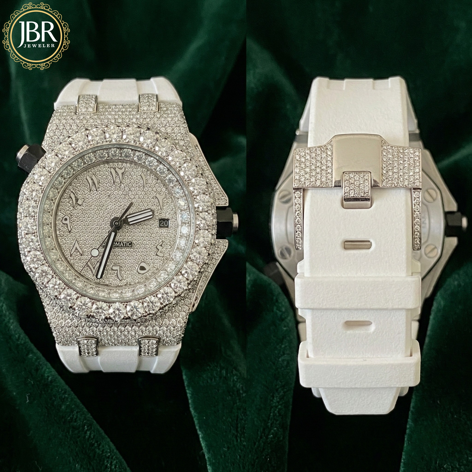 Men's wrist watch featuring moissanite studded face and white silicone strap