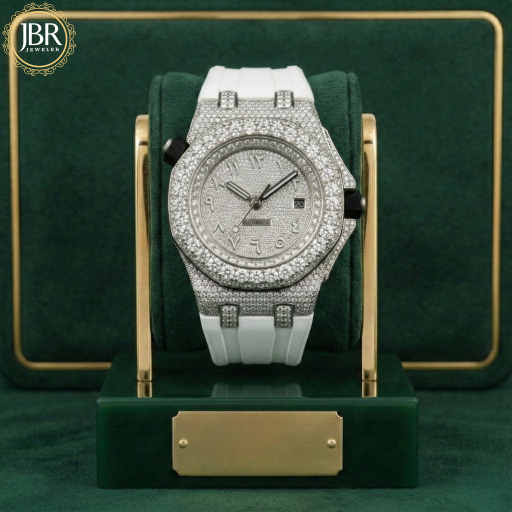 Fully moissanite studded face dial men's wrist watch with white silicon strap