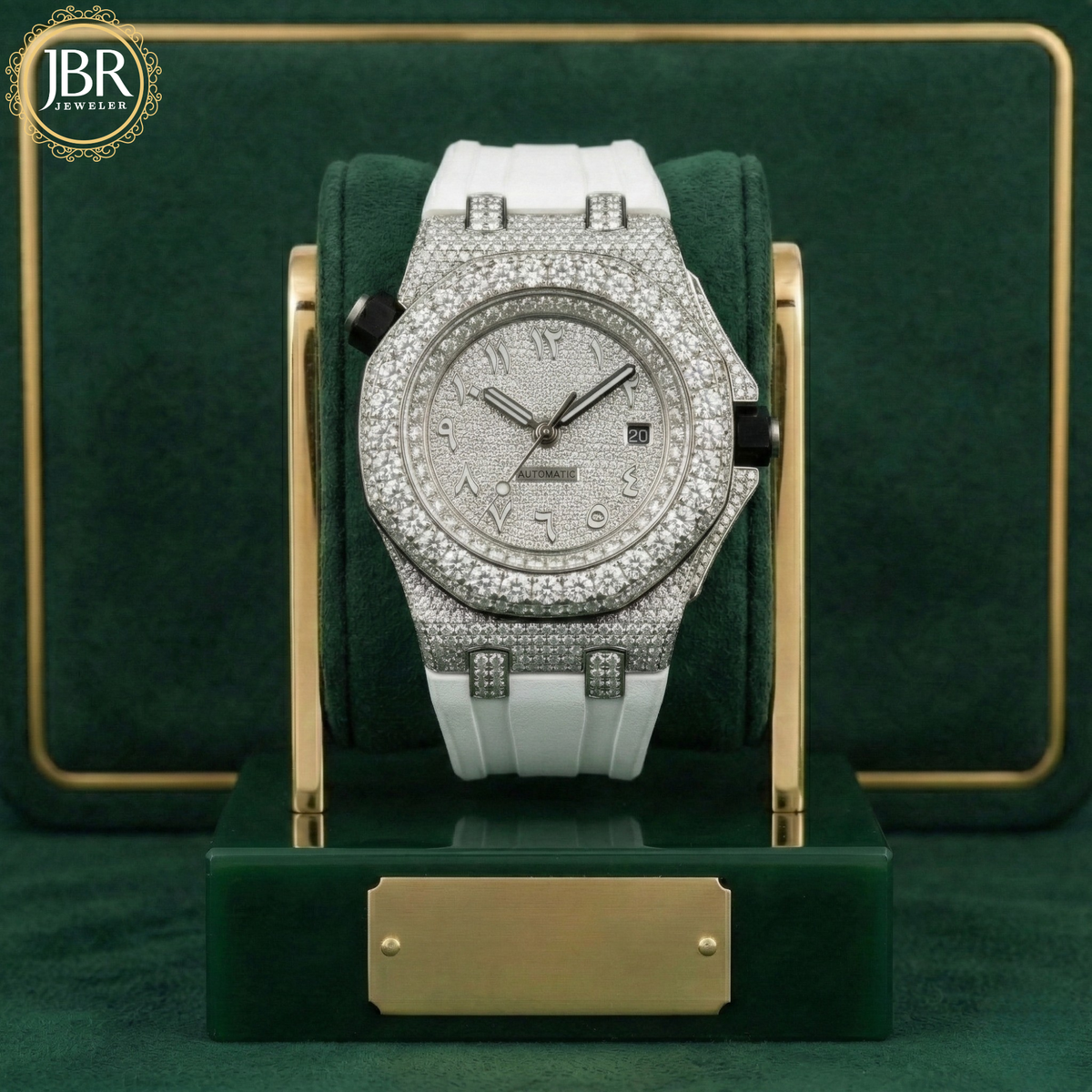 Fully moissanite studded face dial men's wrist watch with white silicon strap