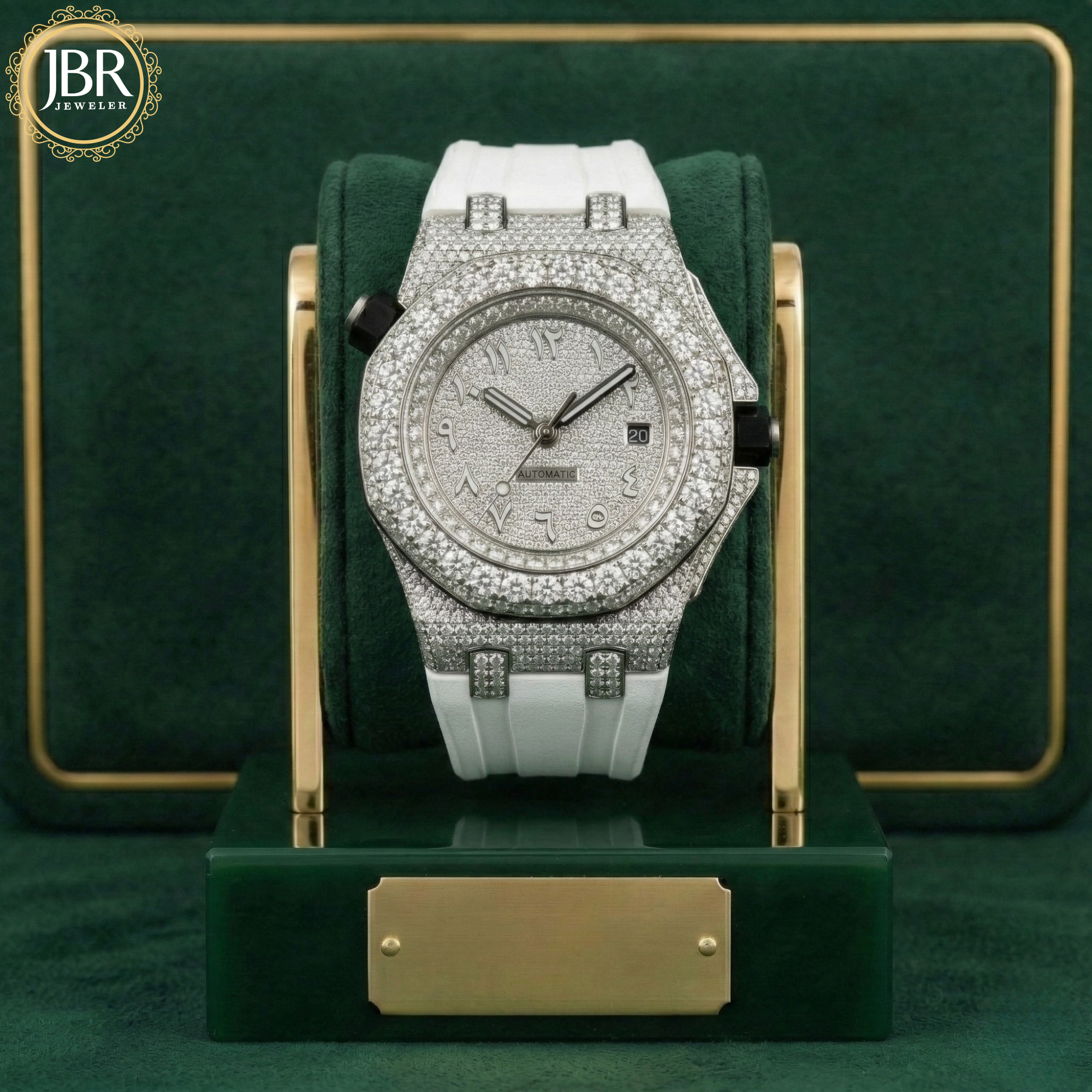 Fully moissanite studded face dial men's wrist watch with white silicon strap