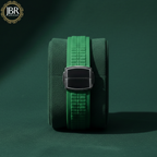 Green belt with a silver buckle on a dark green background, featuring the JBR Jeweler