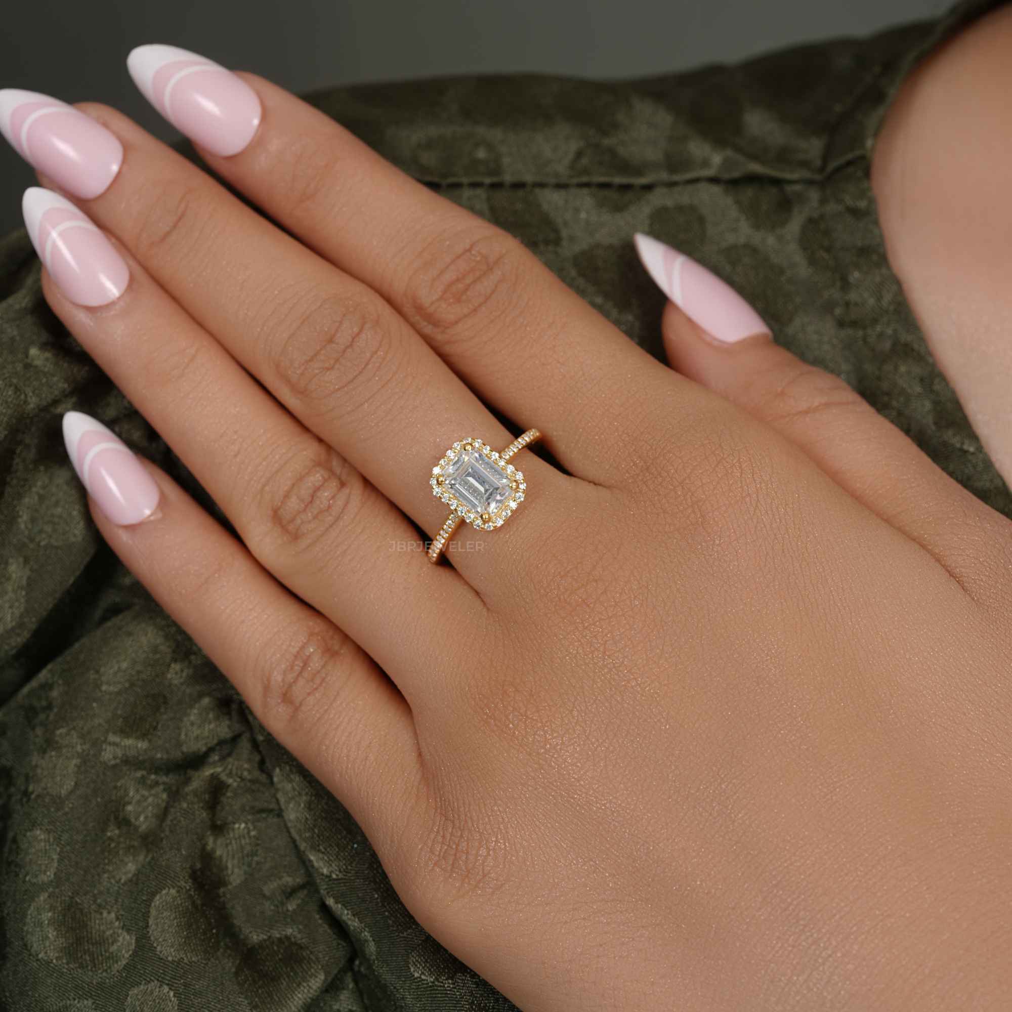 Halo Emerald Lab Grown Diamond Engagement Ring with Side Stones - JBR Jeweler