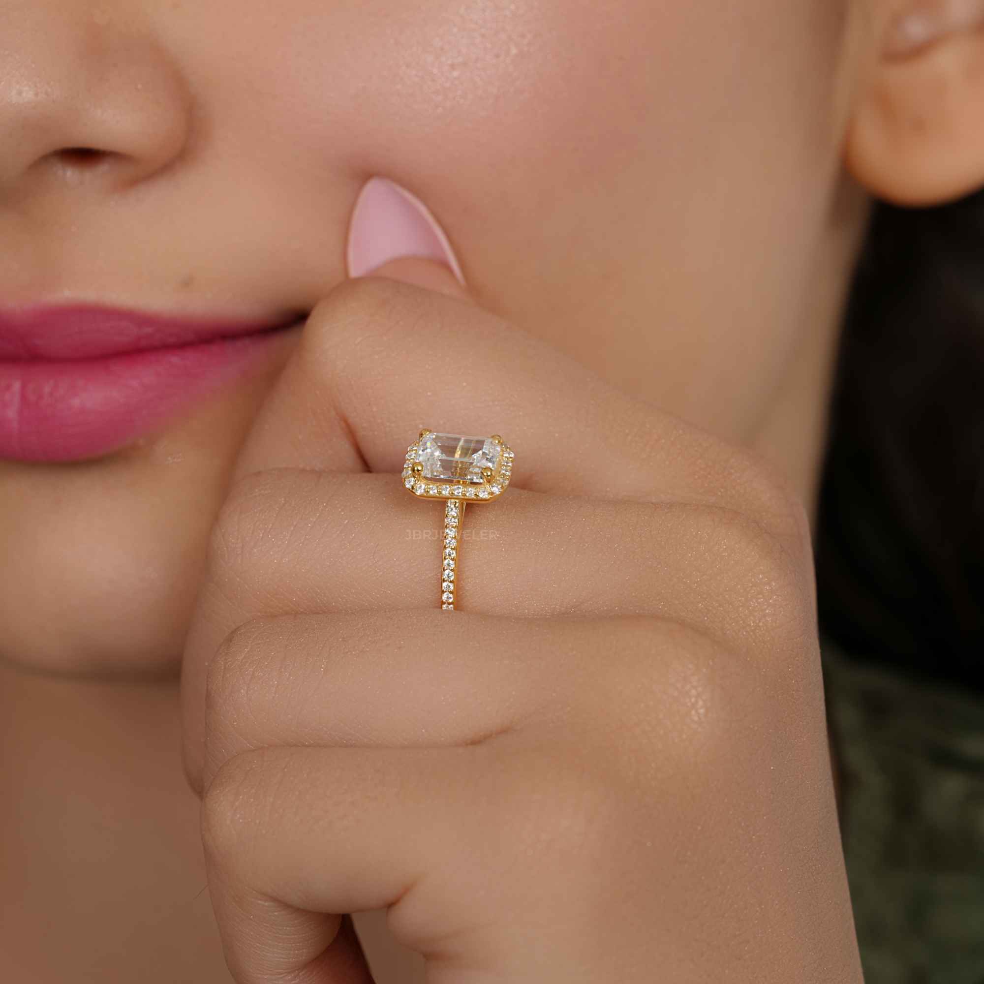 Halo Emerald Lab Grown Diamond Engagement Ring with Side Stones - JBR Jeweler