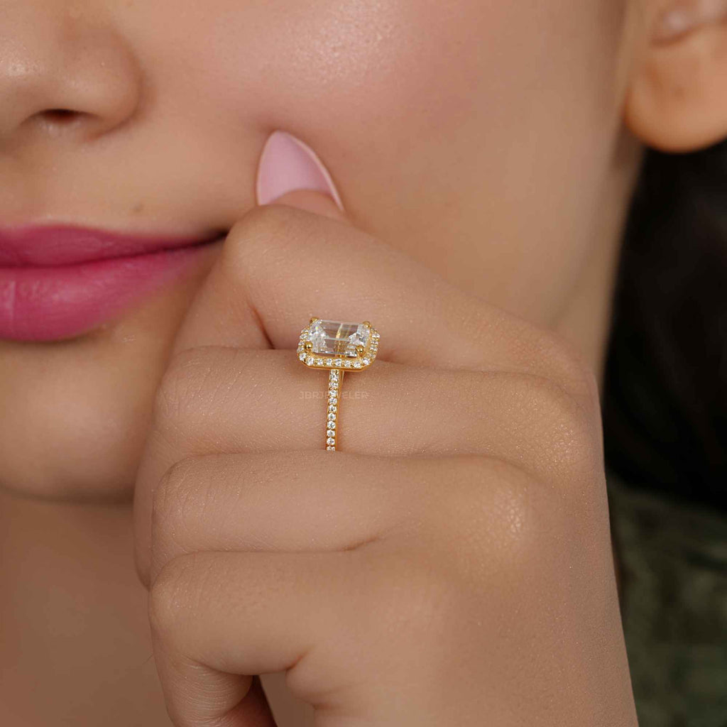 Halo Emerald Moissanite Diamond Engagement Ring with Side Stones - JBR Jeweler