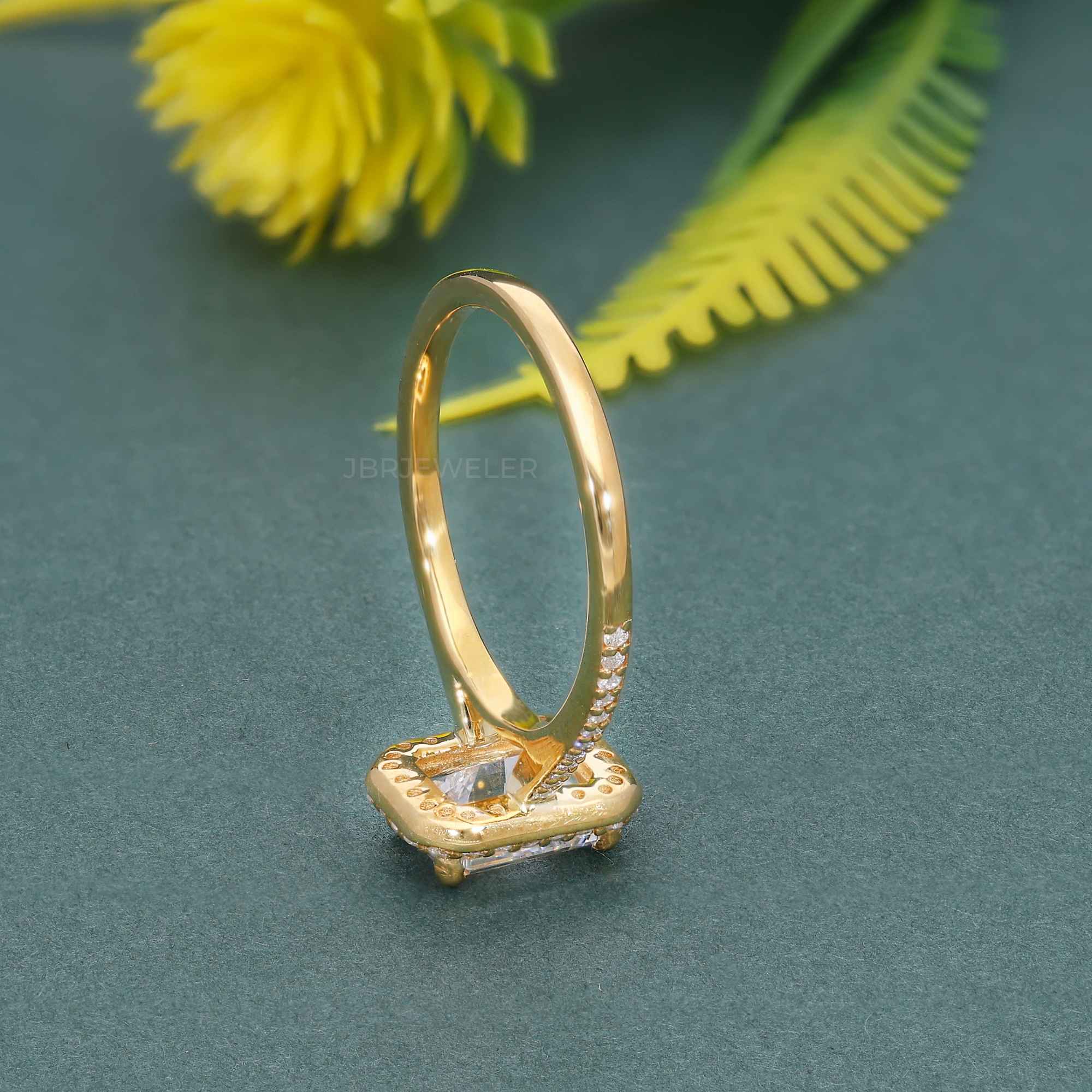 Halo Emerald Moissanite Diamond Engagement Ring with Side Stones - JBR Jeweler