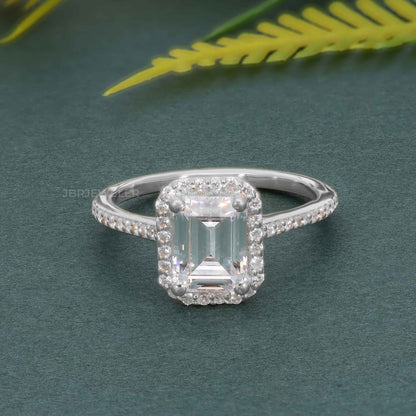 Halo Emerald Moissanite Diamond Engagement Ring with Side Stones