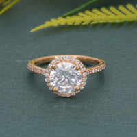 Halo Round Moissanite Diamond Engagement Ring with Side Stones