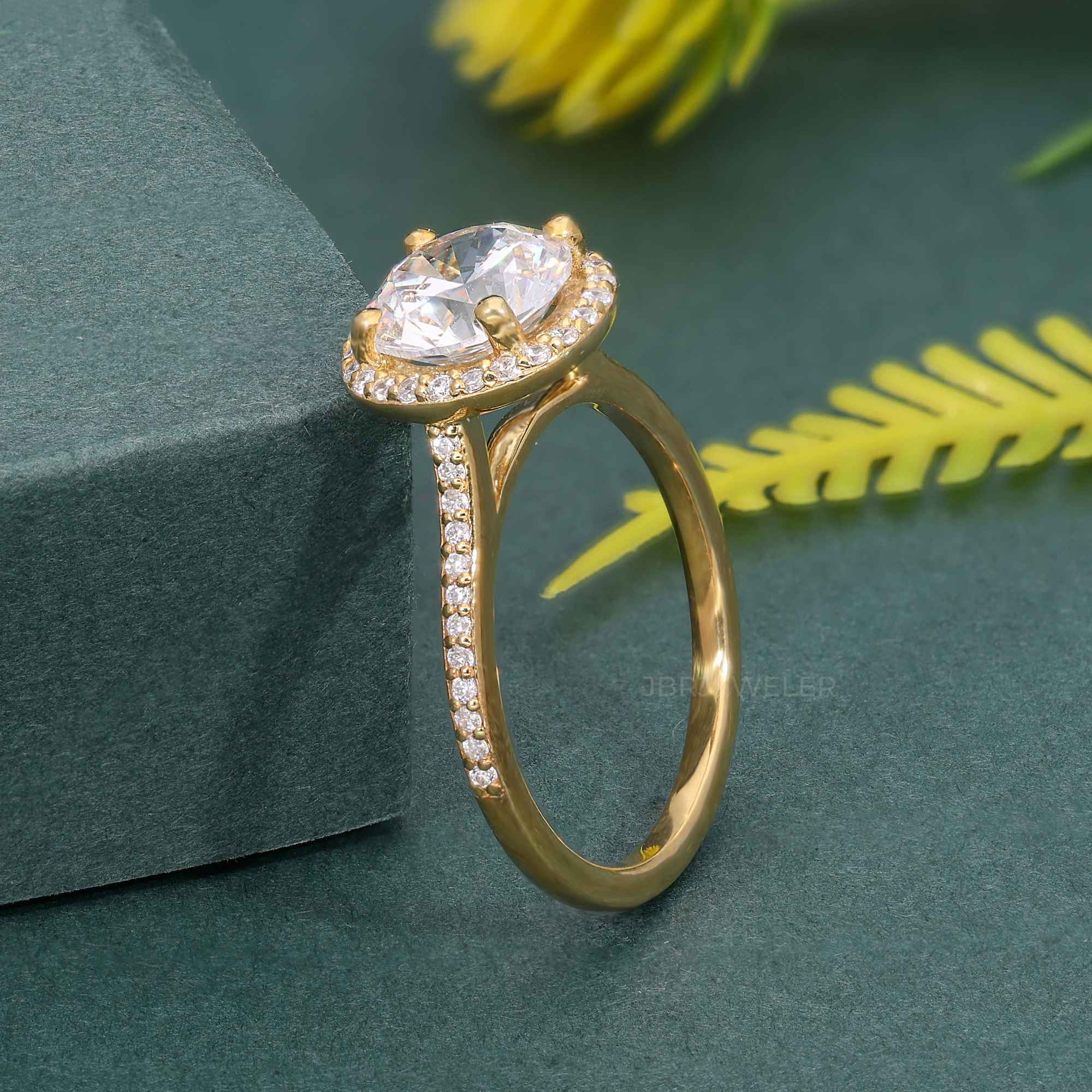 Halo Round Moissanite Diamond Engagement Ring with Side Stones - JBR Jeweler