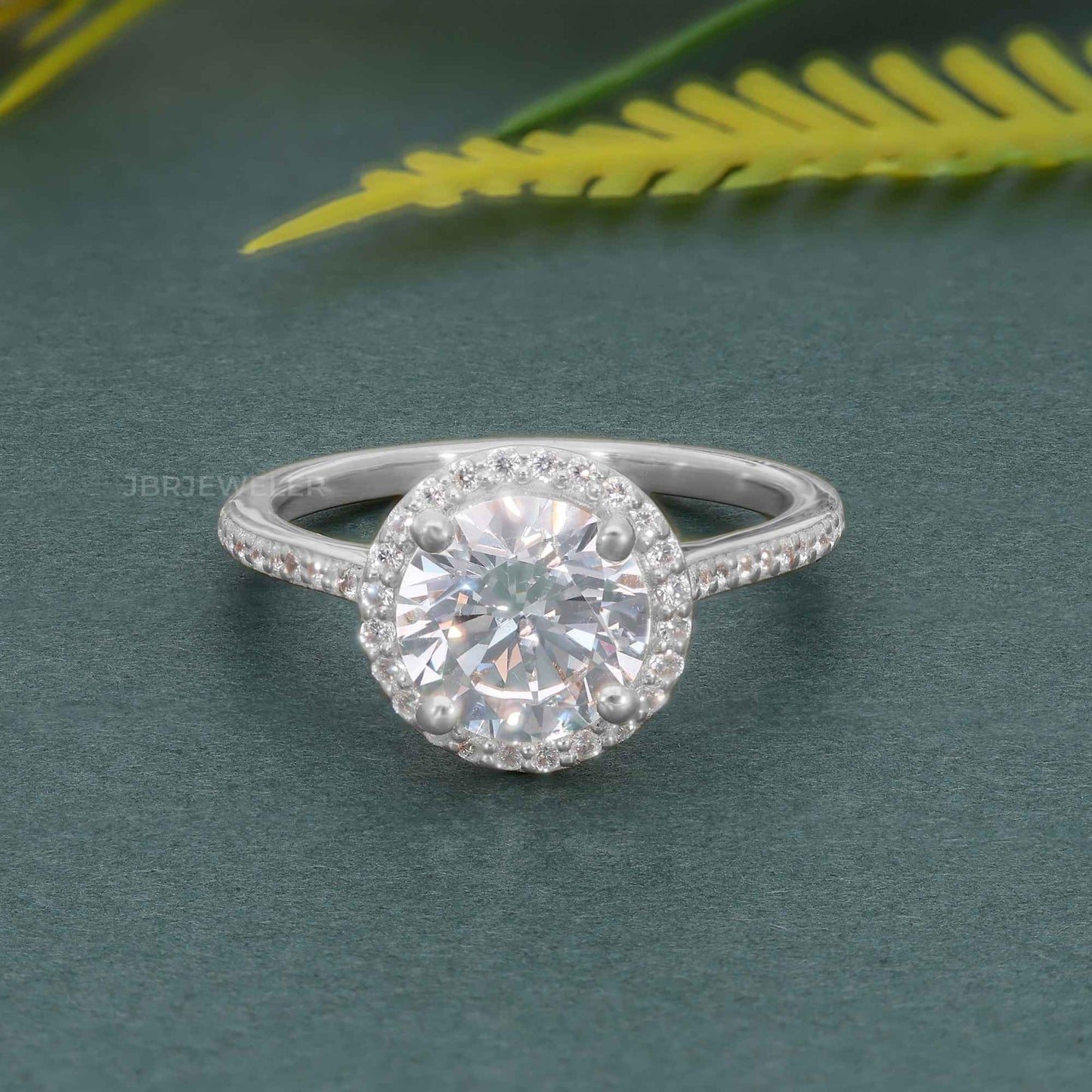 Halo Round Moissanite Diamond Engagement Ring with Side Stones