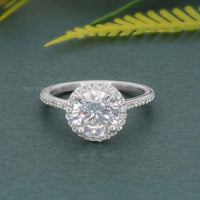 Halo Round Moissanite Diamond Engagement Ring with Side Stones