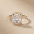Radiant hidden halo moissanite proposal ring front view