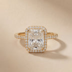 Radiant hidden halo moissanite proposal ring front view