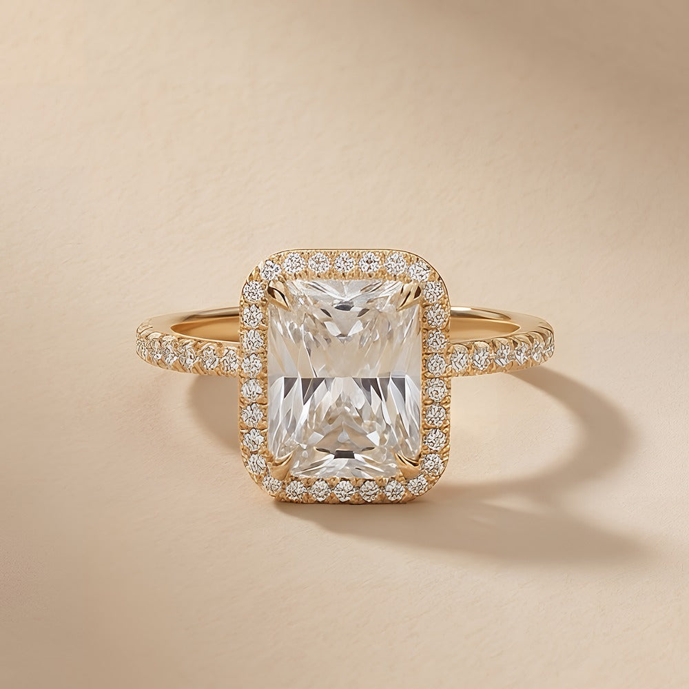 Radiant hidden halo moissanite proposal ring front view