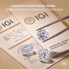 A diamond certification guide layout showing two round brilliant-cut diamonds and one emerald-cut diamond on a beige surface, with IGI laboratory report cards and metal tweezers. Text at the top reads 'Diamond Certification Guide: Understanding IGI Diamond Certificates.