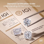 A diamond certification guide layout showing two round brilliant-cut diamonds and one emerald-cut diamond on a beige surface, with IGI laboratory report cards and metal tweezers. Text at the top reads 'Diamond Certification Guide: Understanding IGI Diamond Certificates.