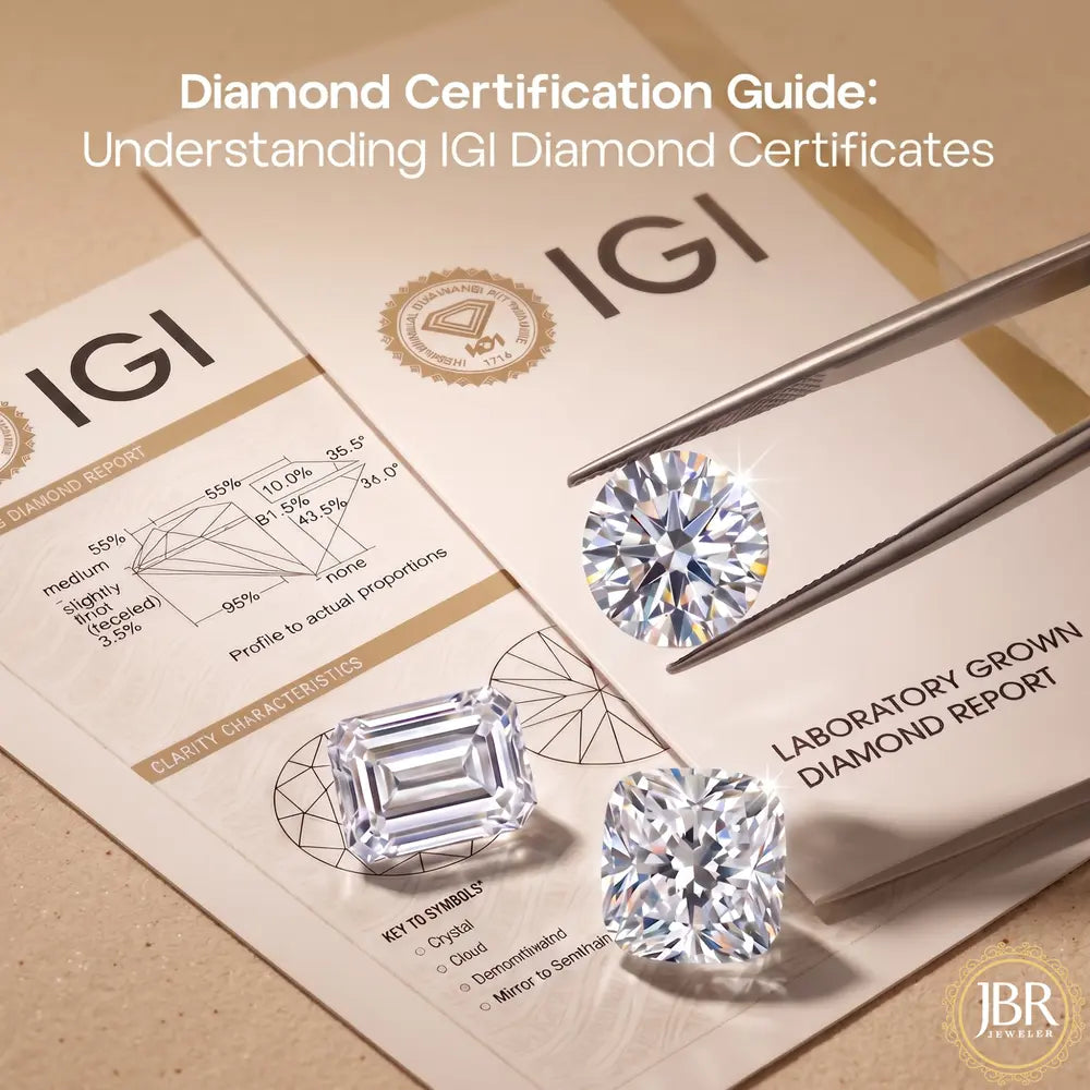 A diamond certification guide layout showing two round brilliant-cut diamonds and one emerald-cut diamond on a beige surface, with IGI laboratory report cards and metal tweezers. Text at the top reads 'Diamond Certification Guide: Understanding IGI Diamond Certificates.