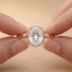 Bezel set oval diamond proposal ring on hand