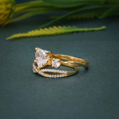 Ensembles d'anneaux de mariage de mariée en diamant cultivé en laboratoire, trois pierres infinies, taille cœur