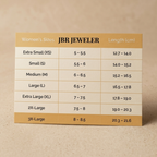 A size chart card for JBR JEWELER women's sizes, showing size ranges in millimeters and corresponding lengths in centimeters, photographed on a neutral beige textured surface.