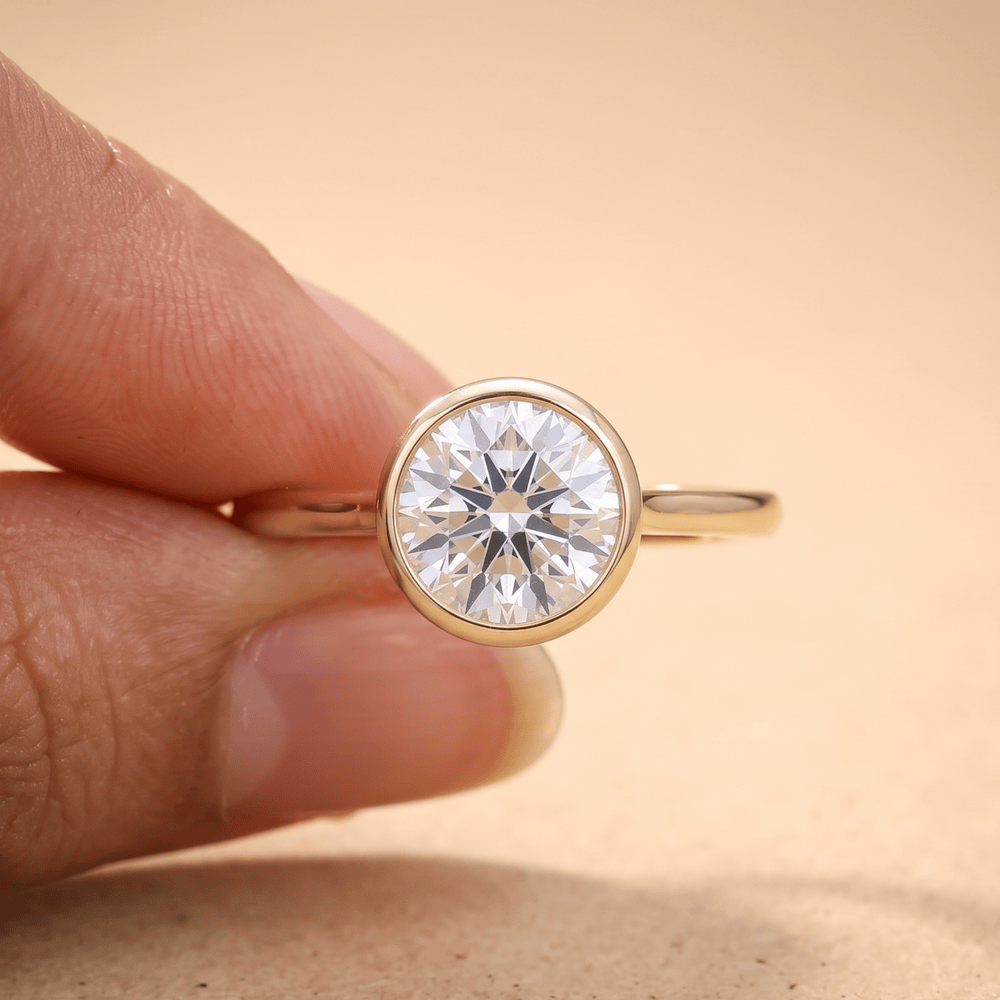 Round bezel lab diamond ring worn on hand