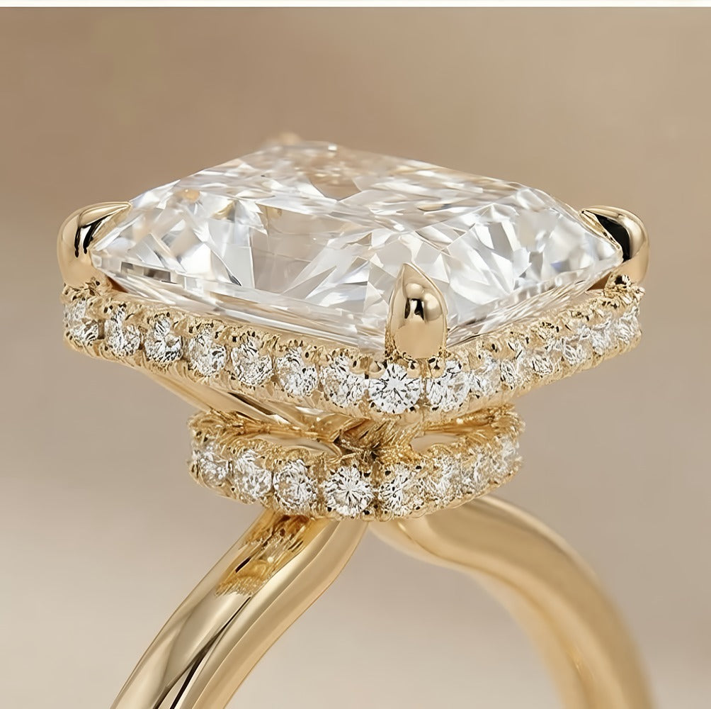 Radiant cut hidden halo lab grown diamond ring close-up