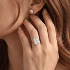 Radiant cut diamond hidden halo ring hand model wearing