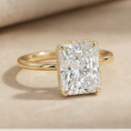 Radiant hidden halo bridal ring side profile view