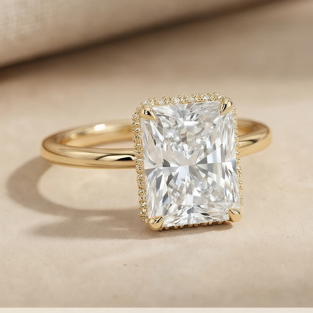 Radiant hidden halo bridal ring side profile view