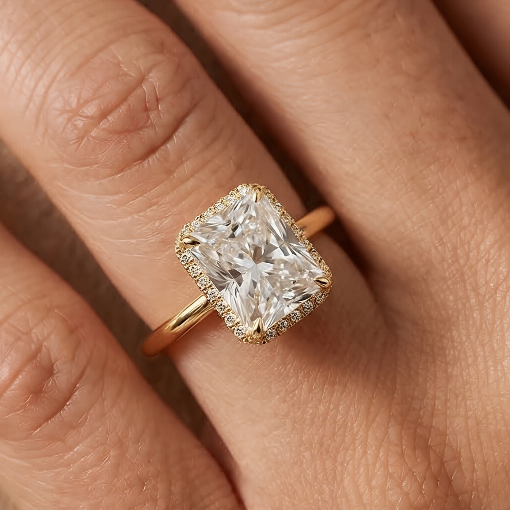 Radiant hidden halo bridal ring worn on hand