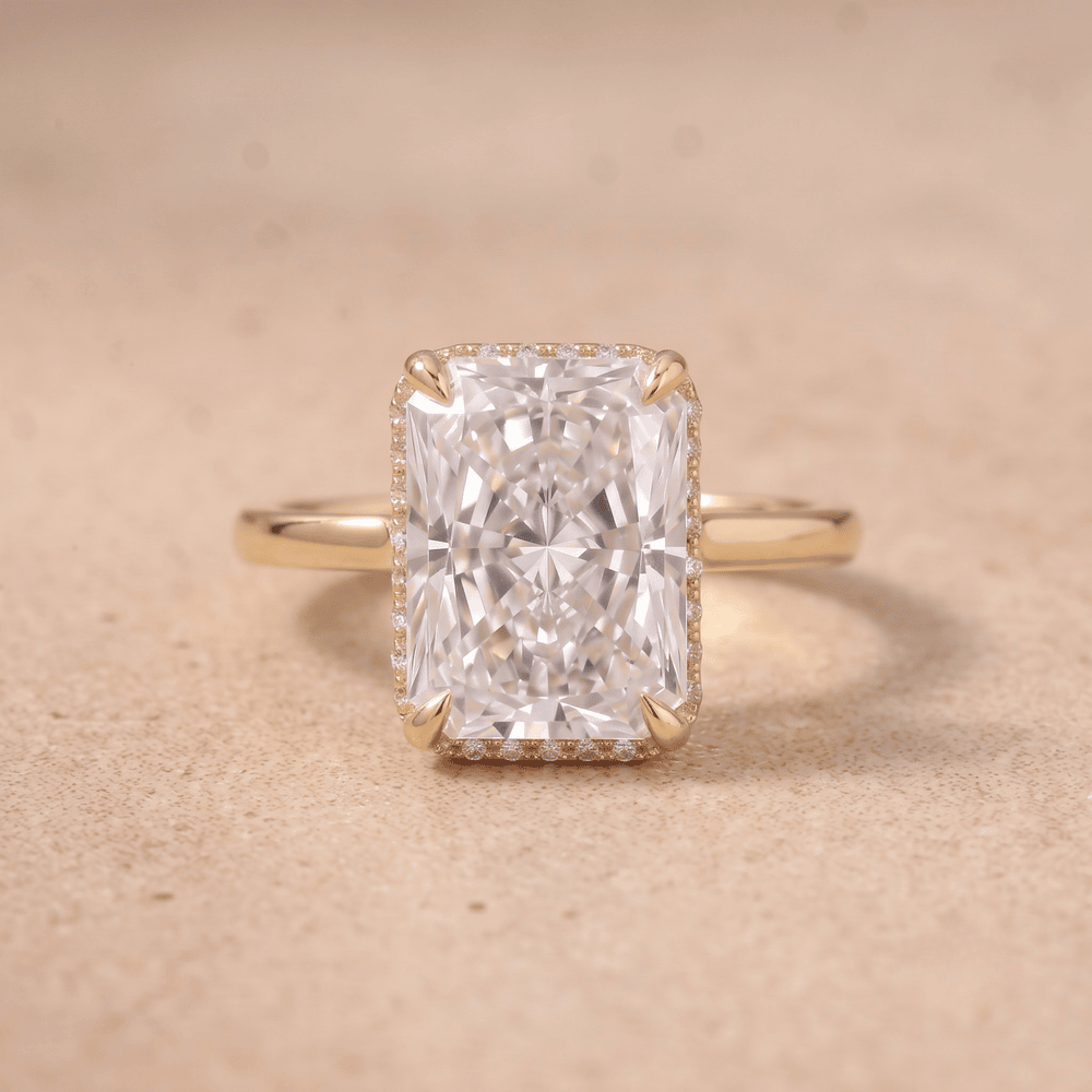 Bridal jewelry radiant hidden halo diamond ring design