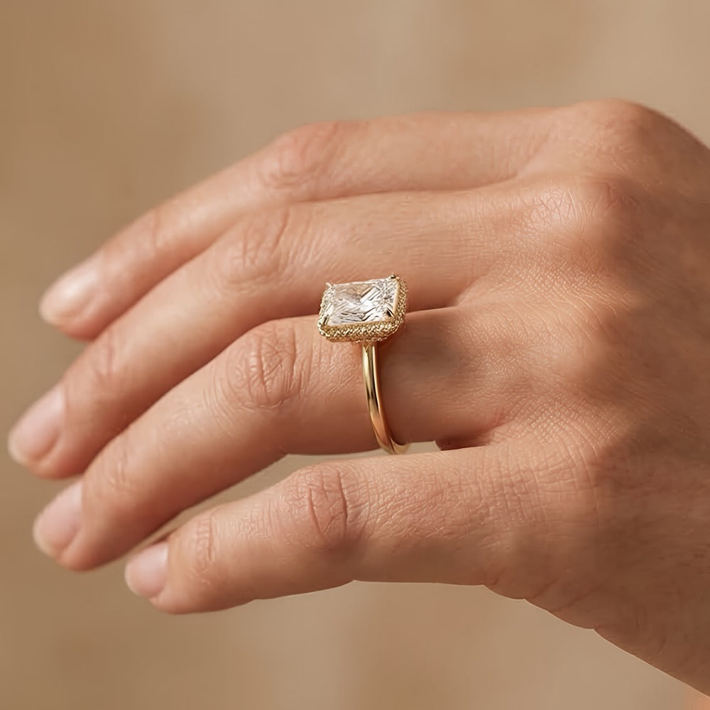 Conflict-free lab grown diamond radiant hidden halo ring