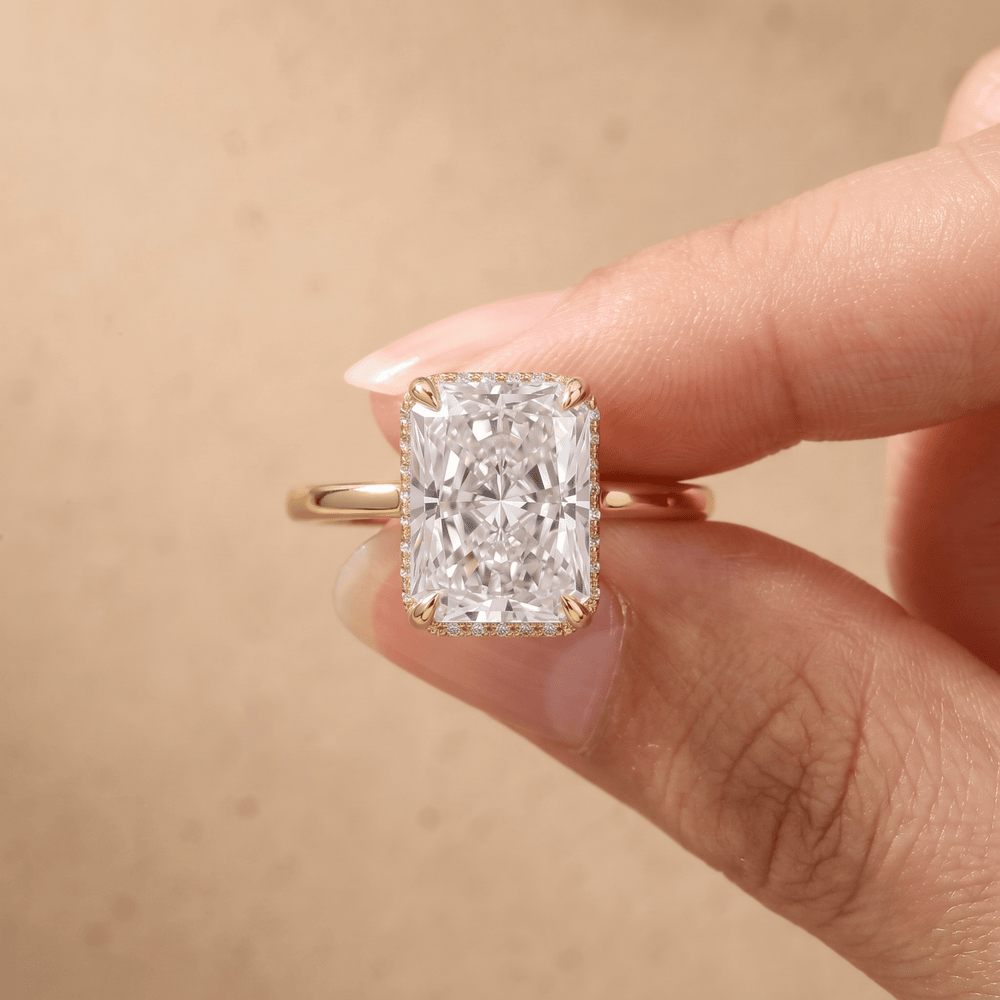 Radiant cut hidden halo ring for bridal jewelry