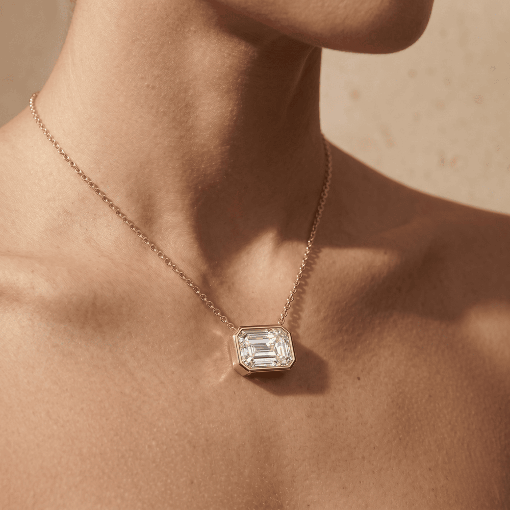 Lab Grown Emerald Diamond Pendant 14K Gold Bezel 