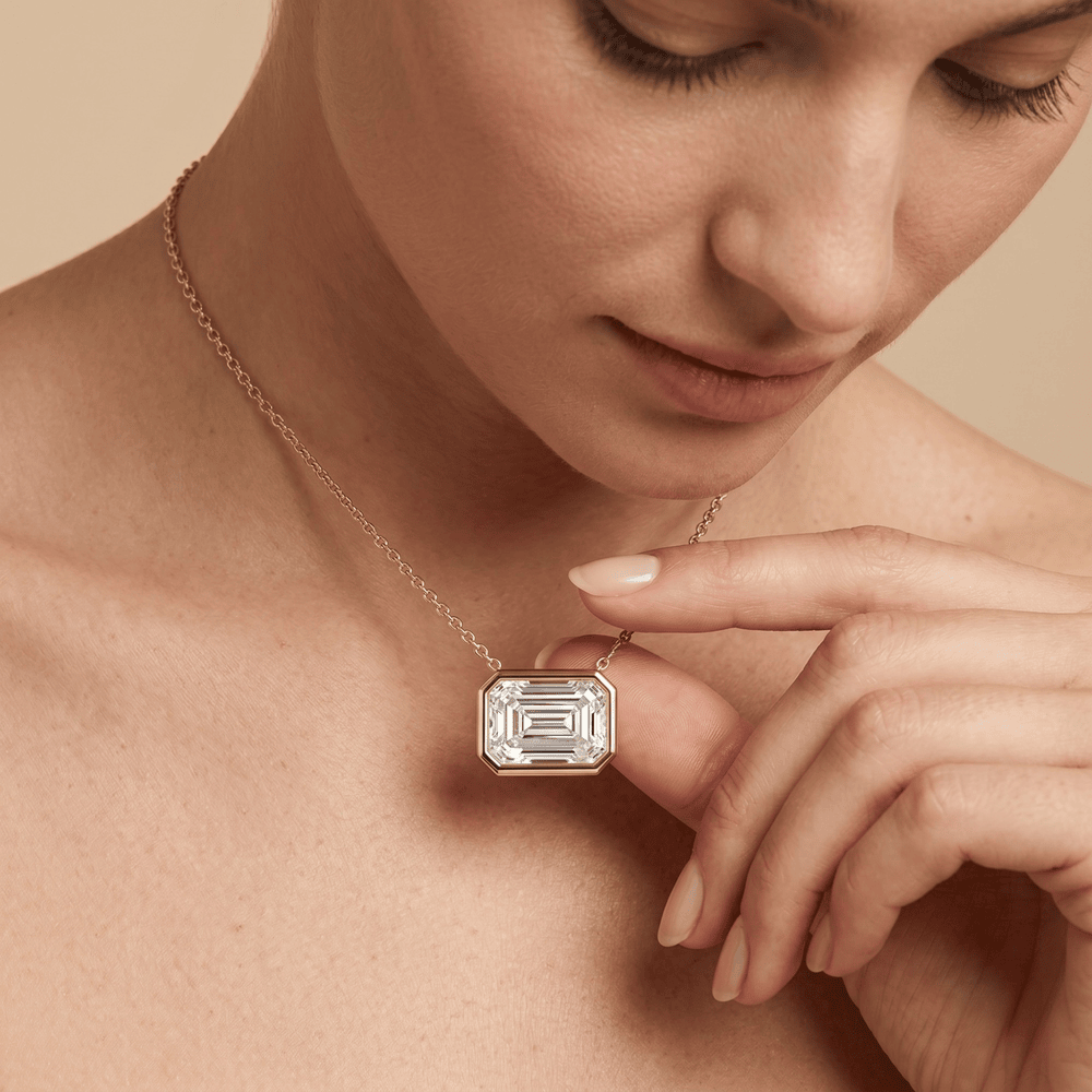 Lab Grown Emerald Diamond Pendant 14K Gold Bezel 