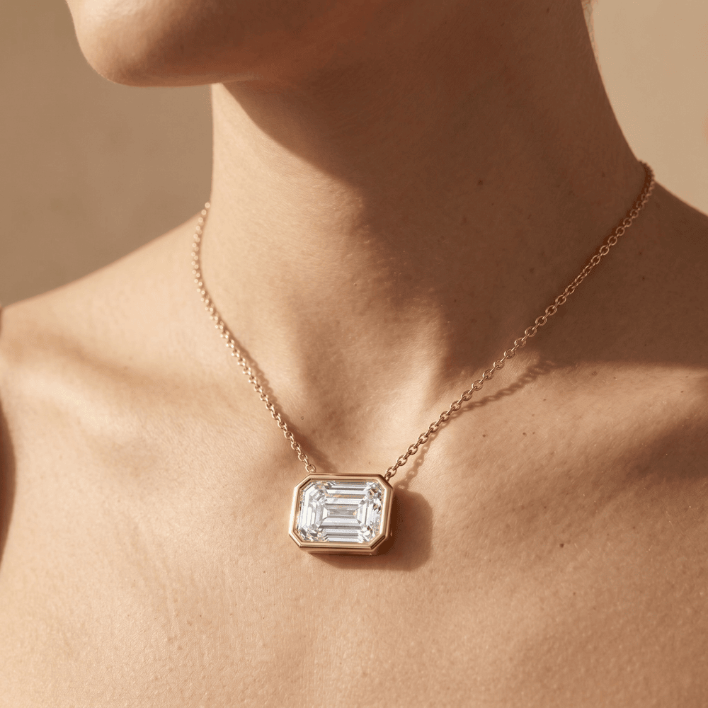 Lab Grown Emerald Diamond Pendant 14K Gold Bezel 
