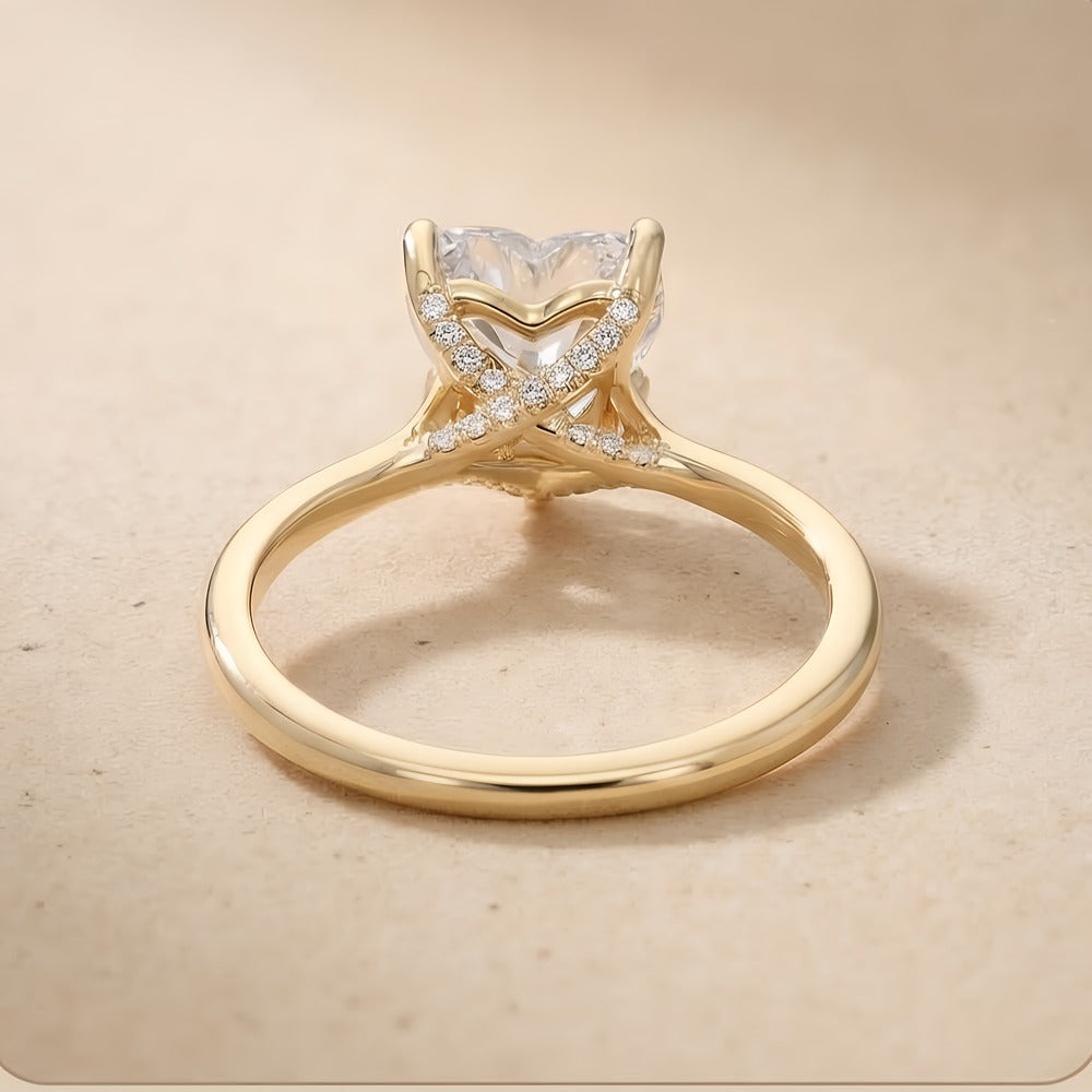 Gold cathedral ring heart cut diamond top angle