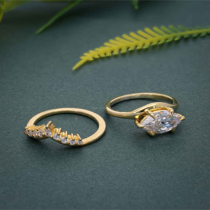 Bague de mariage en diamant taille marquise cultivée en laboratoire avec bande incurvée