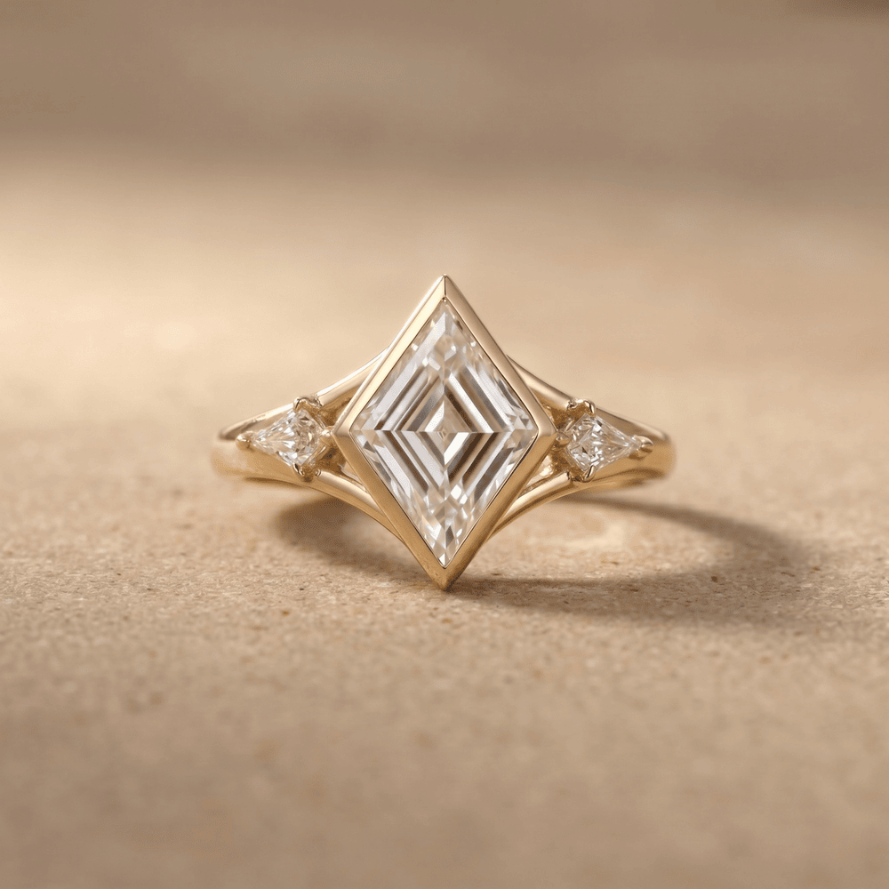Lozenge Cut Lab Diamond Three Stone Bezel Engagement Ring