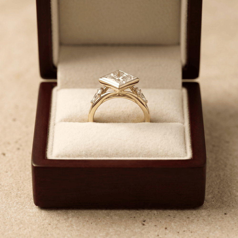 Modern three stone engagement ring