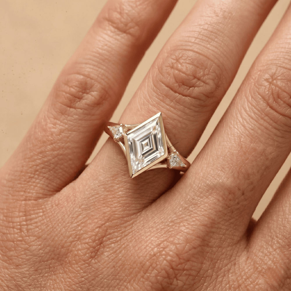 Unique lozenge cut diamond ring