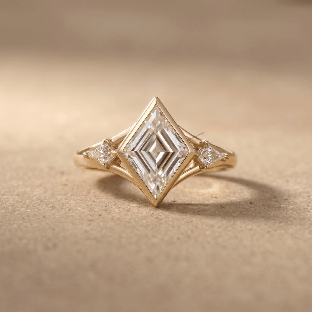 Lozenge cut lab diamond three stone ring