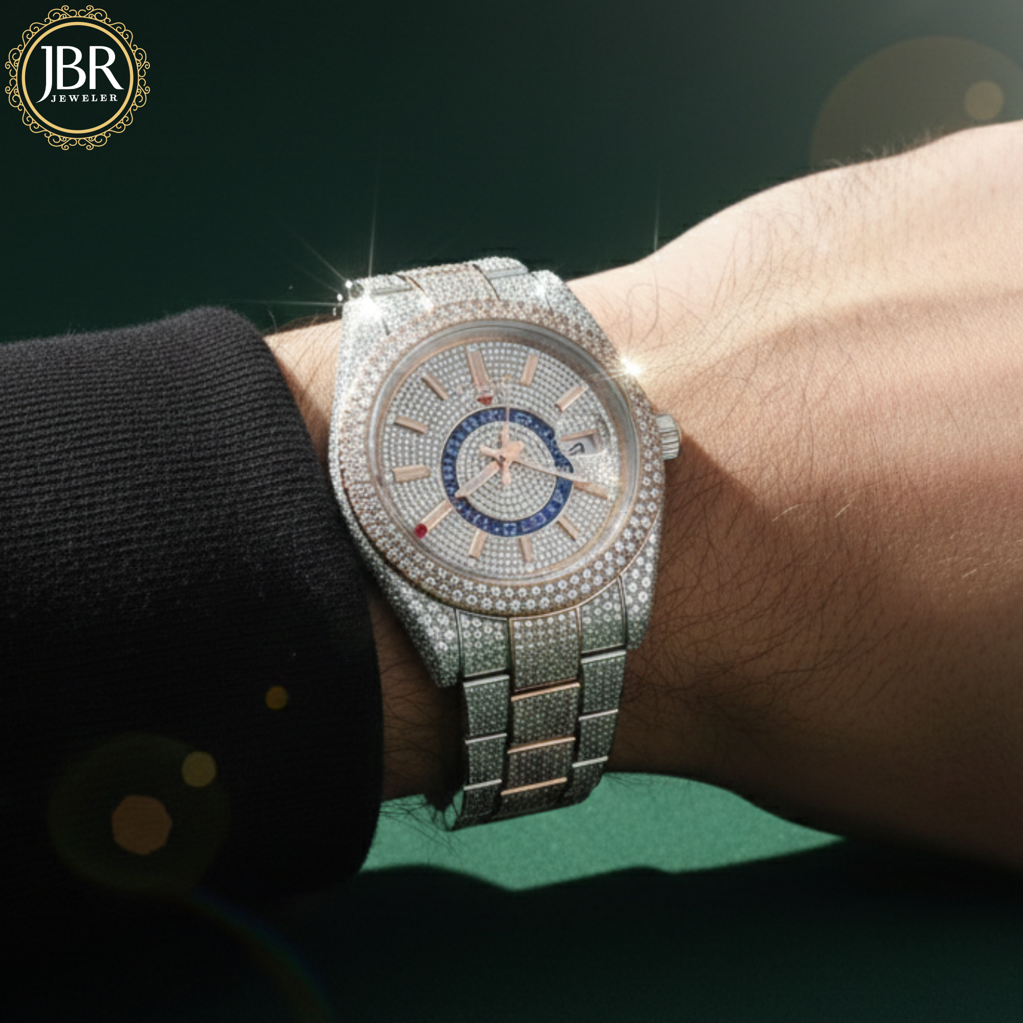 Luxury two-tone men’s wristwatch featuring a gold and silver stainless steel band, fully iced-out bezel and dial set with VVS moissanite stones, bold Roman numeral hour markers, and a high-polish finish for a flashy, high-end look.