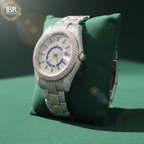 Luxury two-tone men’s wristwatch featuring a gold and silver stainless steel band, fully iced-out bezel and dial set with VVS moissanite stones, bold Roman numeral hour markers, and a high-polish finish for a flashy, high-end look.