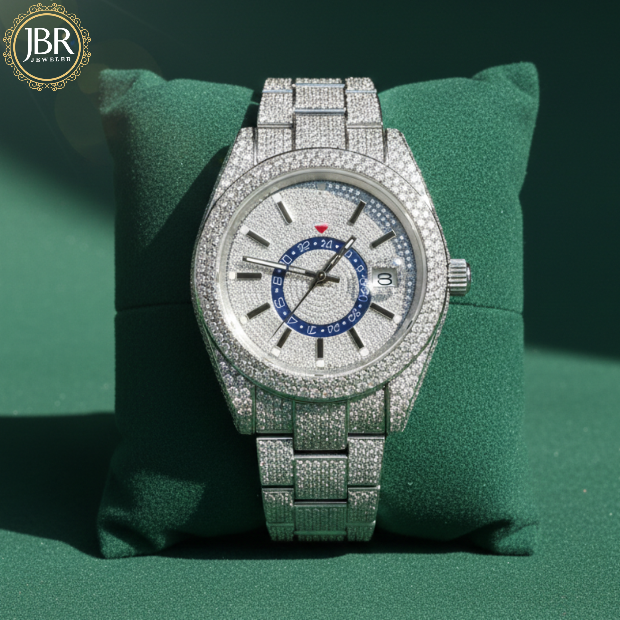Luxury two-tone men’s wristwatch featuring a gold and silver stainless steel band, fully iced-out bezel and dial set with VVS moissanite stones, bold Roman numeral hour markers, and a high-polish finish for a flashy, high-end look.