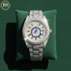 Luxury two-tone men’s wristwatch featuring a gold and silver stainless steel band, fully iced-out bezel and dial set with VVS moissanite stones, bold Roman numeral hour markers, and a high-polish finish for a flashy, high-end look.