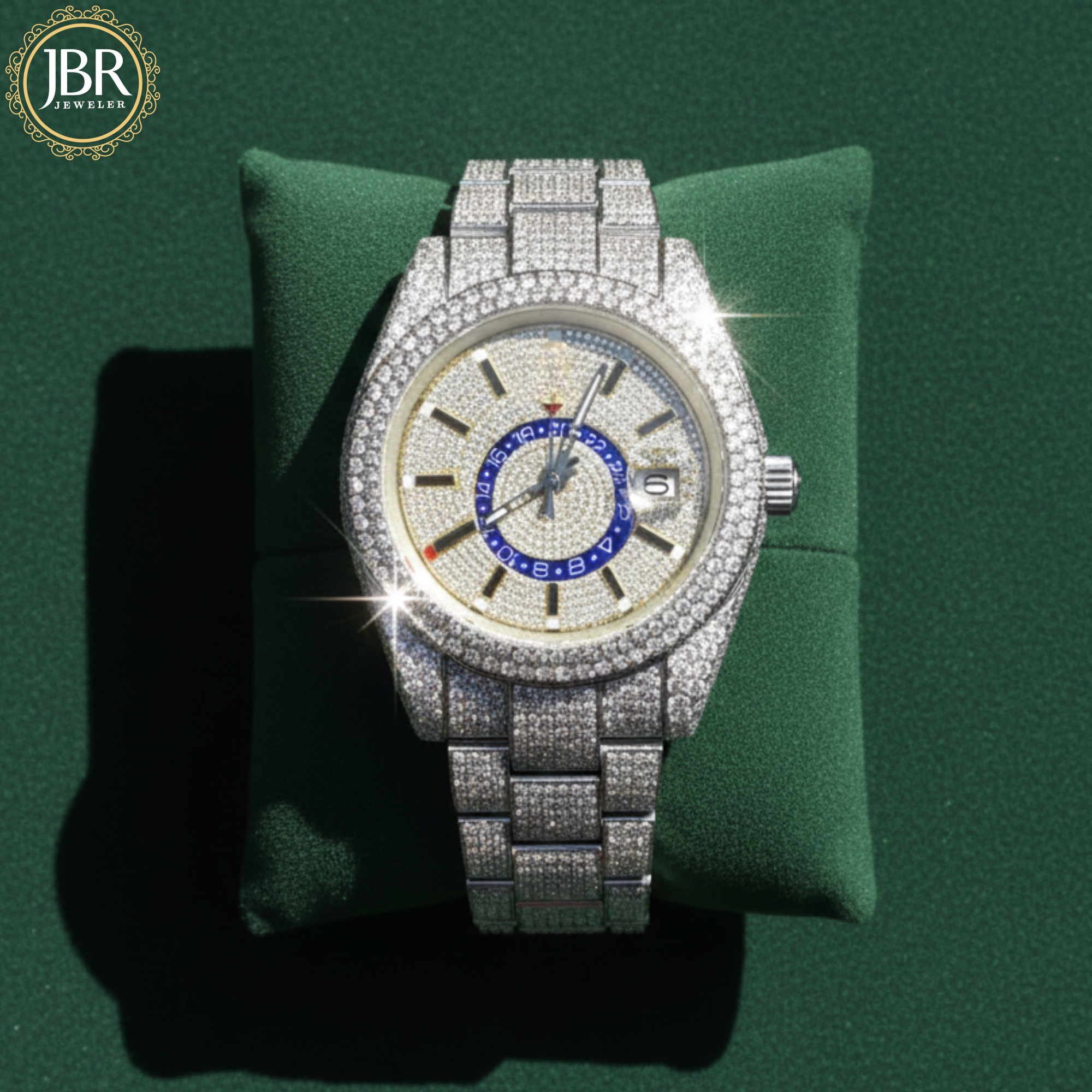 Luxury two-tone men’s wristwatch featuring a gold and silver stainless steel band, fully iced-out bezel and dial set with VVS moissanite stones, bold Roman numeral hour markers, and a high-polish finish for a flashy, high-end look.