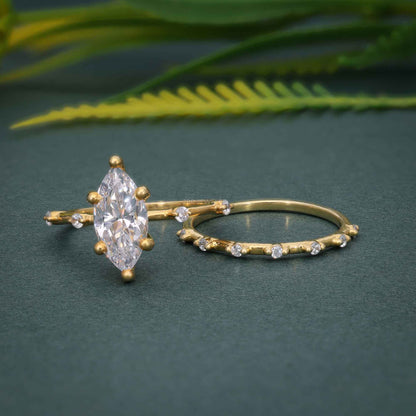 Bague de fiançailles cultivée en laboratoire taille marquise avec ensemble de bagues de mariée assorties